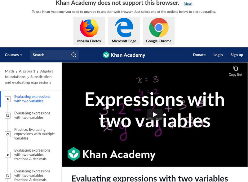 Khan Academy: Algebra: Evaluating Expressions With Two Variables Instructional Video