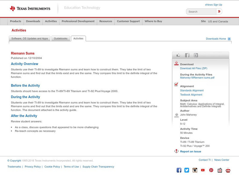 Texas Instruments: Riemann Sums Activity Texas Instruments: Riemann Sums Activity