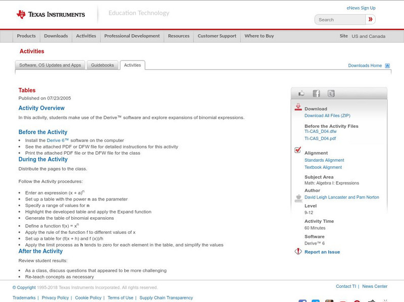 Texas Instruments: Tables Activity Texas Instruments: Tables Activity