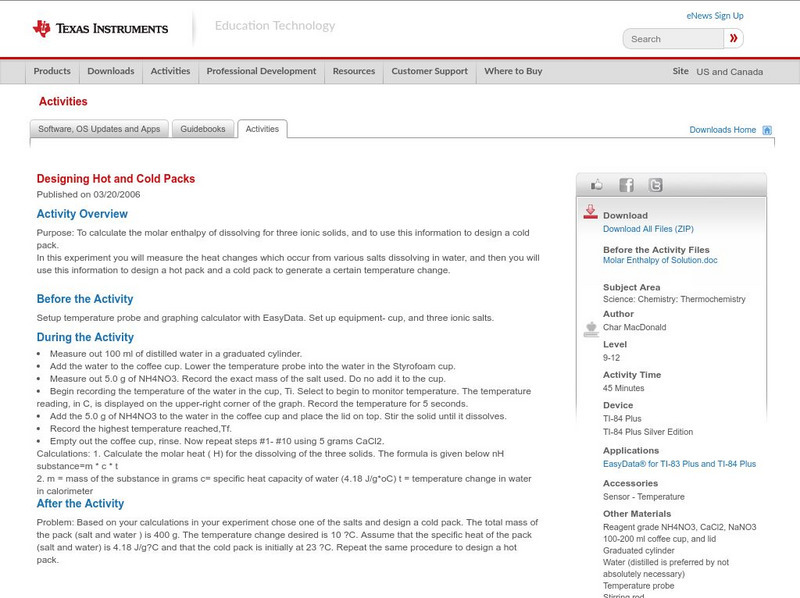Texas Instruments: Designing Hot and Cold Packs Activity Texas Instruments: Designing Hot and Cold Packs Activity