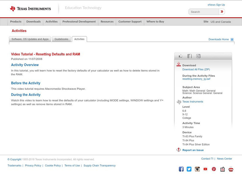Texas Instruments: Video Tutorial Resetting Defaults and Ram Activity Texas Instruments: Video Tutorial Resetting Defaults and Ram Activity