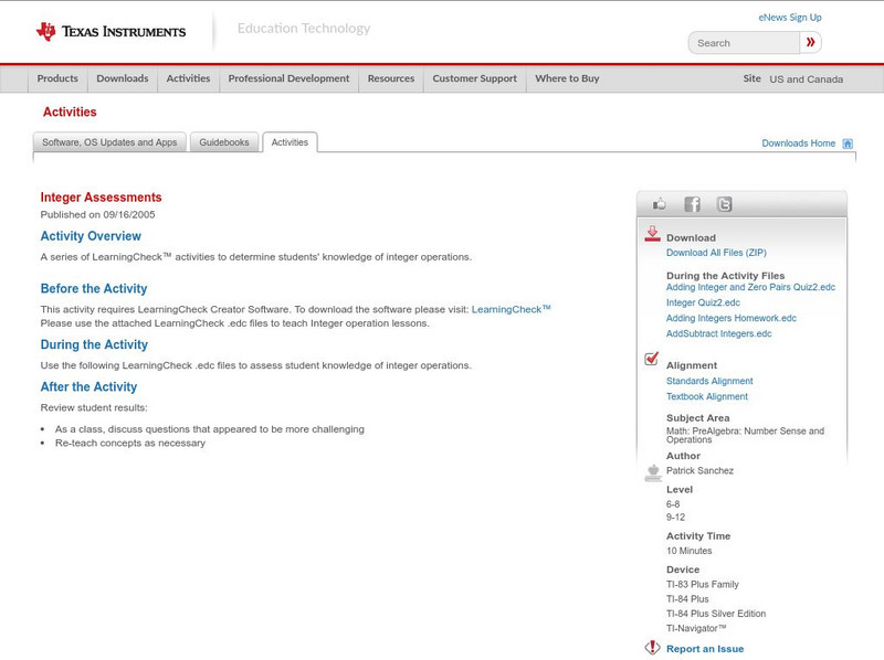 Texas Instruments: Integer Assessments Activity
