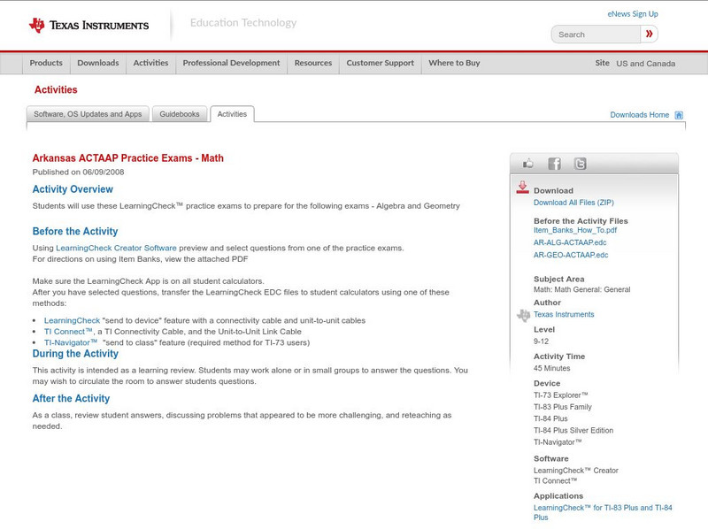 Texas Instruments: Arkansas Actaap Practice Exams Math Activity