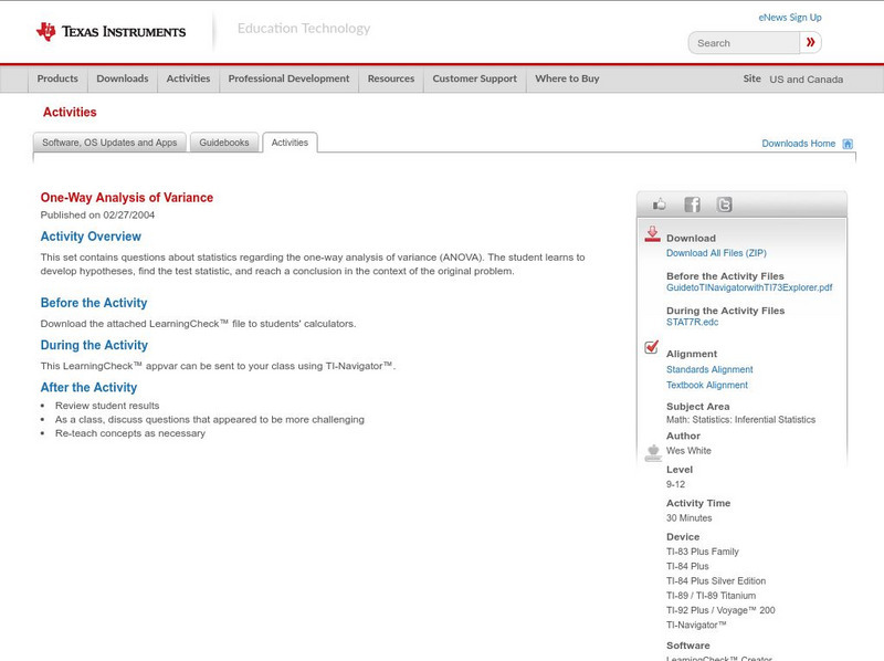 Texas Instruments: One Way Analysis of Variance Activity Texas Instruments: One Way Analysis of Variance Activity