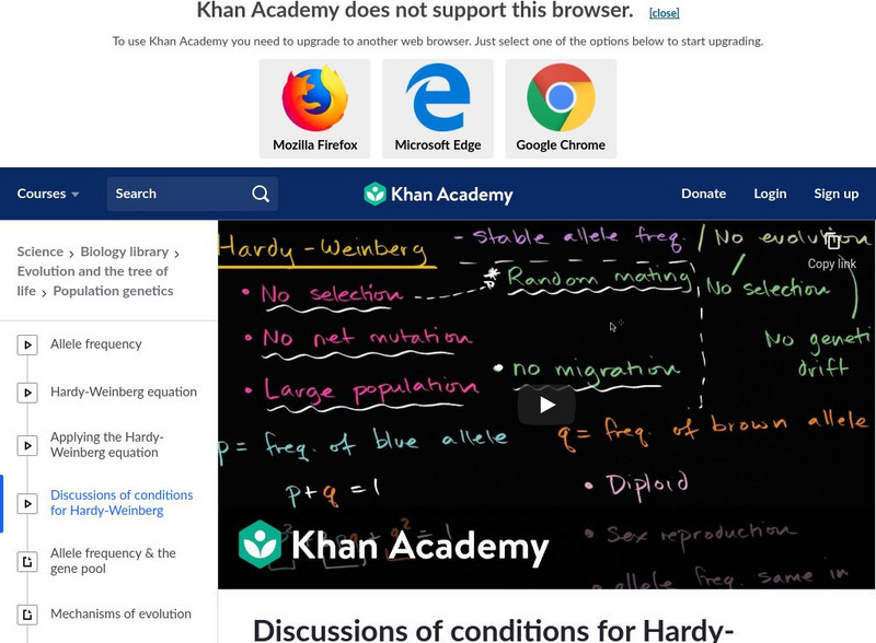 Khan Academy: Discussions of Conditions for Hardy Weinberg Instructional Video Khan Academy: Discussions of Conditions for Hardy Weinberg Instructional Video