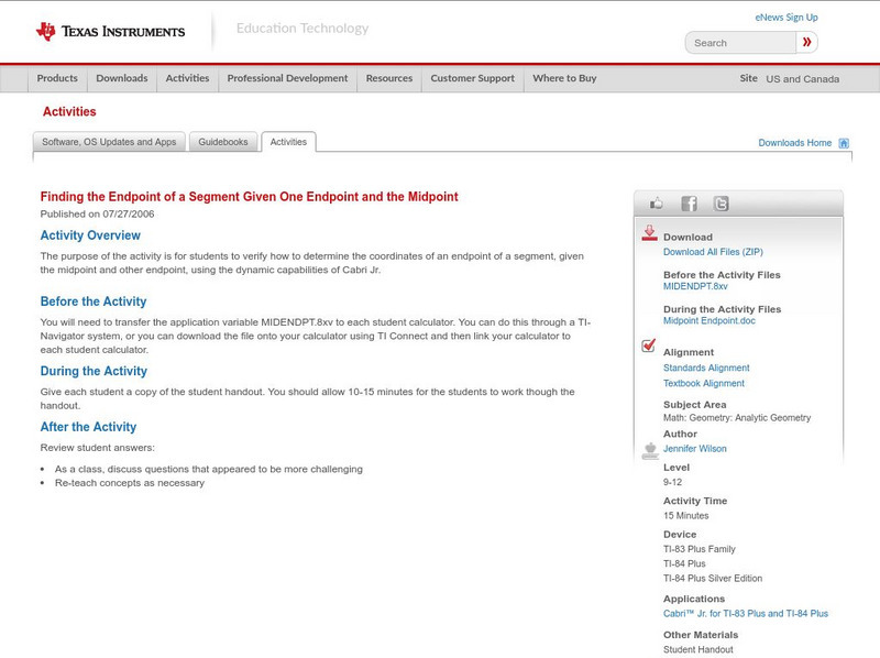 Texas Instruments: Finding the Endpoint of a Segment Given One Endpoint and The Activity Texas Instruments: Finding the Endpoint of a Segment Given One Endpoint and The Activity