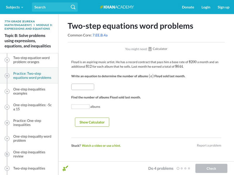 Khan Academy: Practice: Two Step Equations Word Problems Instructional Video
