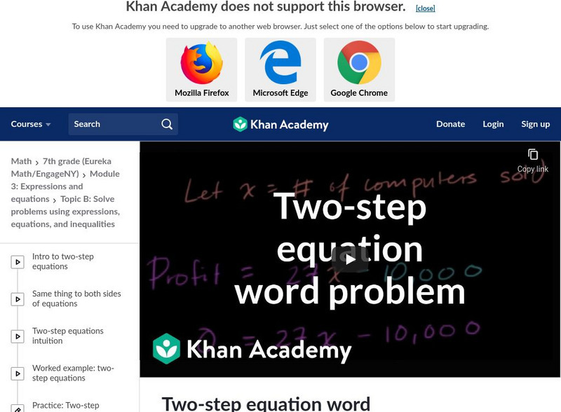 Khan Academy: Two Step Equation Word Problem: Computers Instructional Video