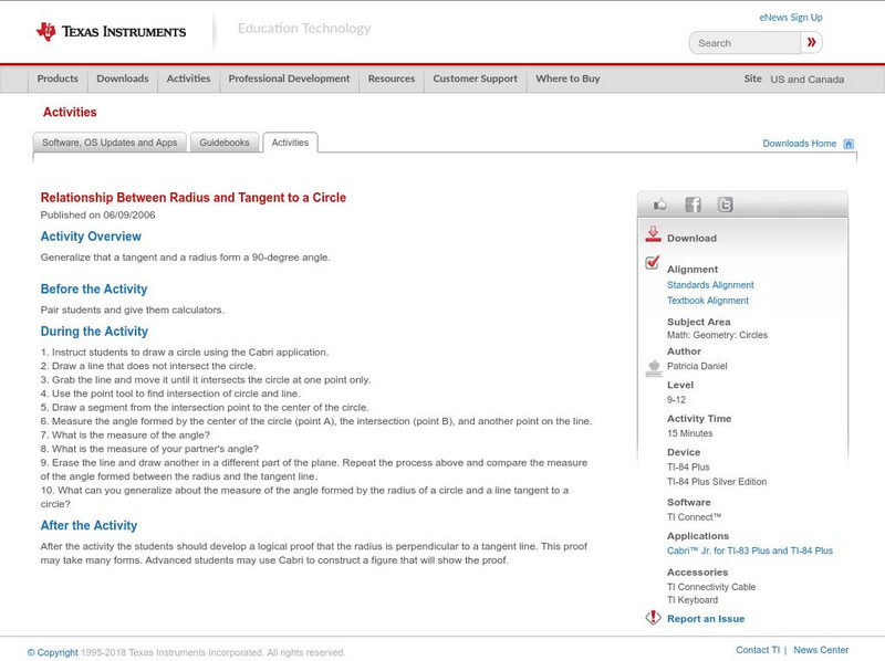 Texas Instruments: Relationship Between Radius and Tangent to a Circle Lesson Plan Texas Instruments: Relationship Between Radius and Tangent to a Circle Lesson Plan