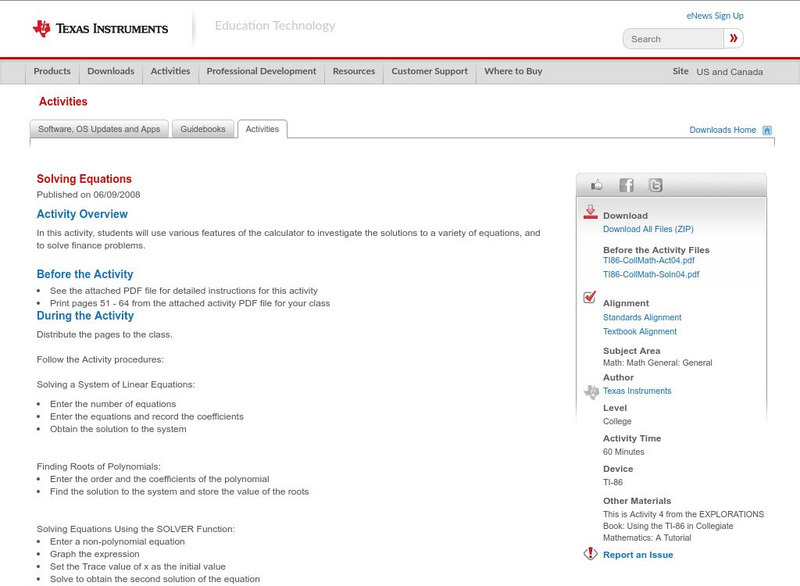 Texas Instruments: Solving Equations Activity Texas Instruments: Solving Equations Activity