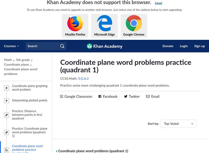 Khan Academy: Practice: Coordinate Plane Word Problems Practice (Quadrant 1) Unknown Type Khan Academy: Practice: Coordinate Plane Word Problems Practice (Quadrant 1) Unknown Type