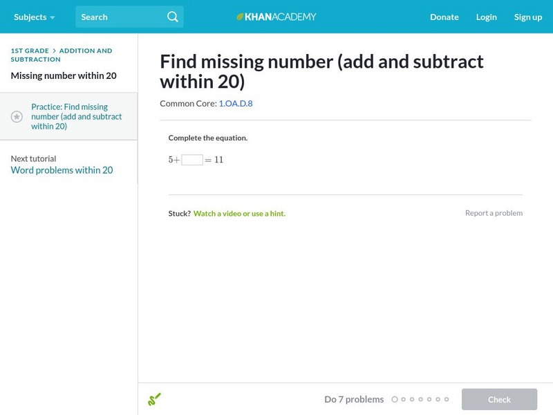 Khan Academy: Find Missing Number (Add and Subtract Within 20) Unit Plan