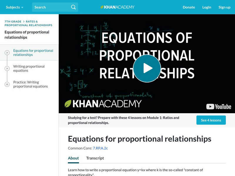 Khan Academy: Equations for Proportional Relationships Instructional Video Khan Academy: Equations for Proportional Relationships Instructional Video