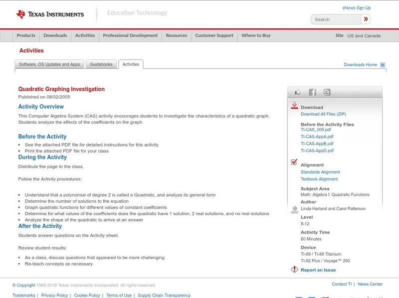 Texas Instruments: Quadratic Graphing Investigation Activity Texas Instruments: Quadratic Graphing Investigation Activity