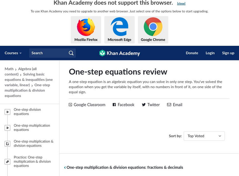 Khan Academy: One Step Equations Review Handout Khan Academy: One Step Equations Review Handout