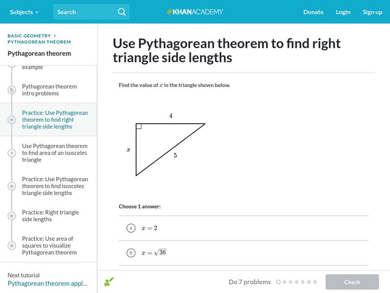 Khan Academy: Use Pythagorean Theorem to Find Right Triangle Side Lengths Unknown Type