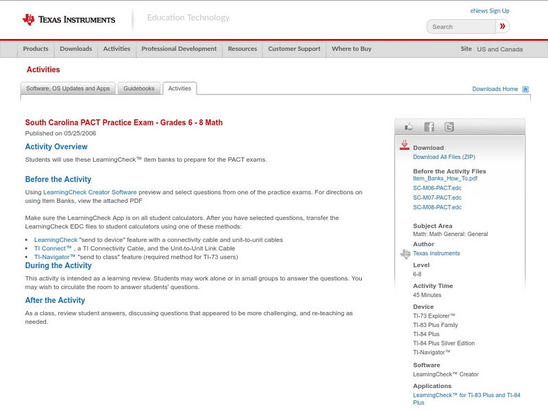 Texas Instruments: South Carolina Pact Practice Exam Grades 6 8 Math Activity