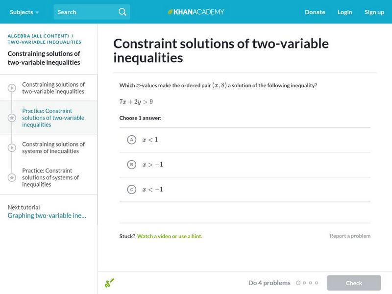 Khan Academy: Constraint Solutions of Two Variable Inequalities Unknown Type