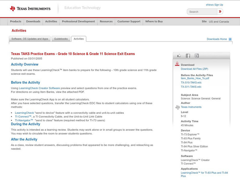 Texas Instruments: Texas Taks Practice Exams Gr.10 Science & Gr. 11 Scien Activity
