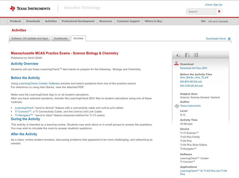 Texas Instruments: Massachusetts Mcas Practice Exams Science Biology & Chemistry Activity