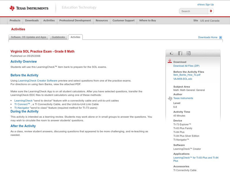 Texas Instruments: Virginia Sol Practice Exam Grade 8 Math Activity