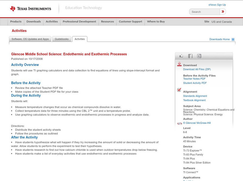 Texas Instruments: Glencoe Science: Endothermic and Exothermic Process Activity Texas Instruments: Glencoe Science: Endothermic and Exothermic Process Activity