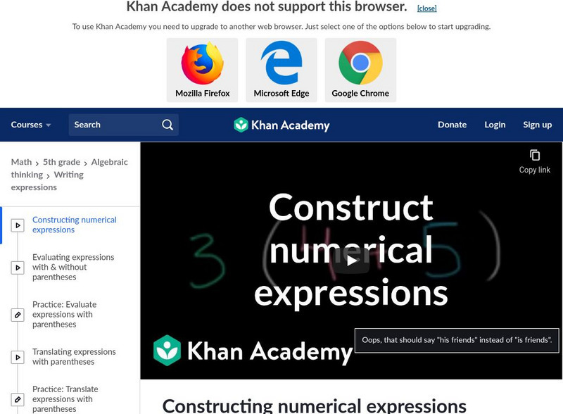 Khan Academy: Constructing Numerical Expressions Instructional Video