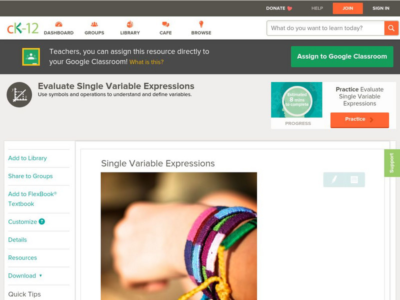 Ck 12: Algebra: Single Variable Expressions Unit Plan