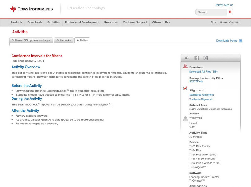 Texas Instruments: Confidence Intervals for Means Activity Texas Instruments: Confidence Intervals for Means Activity