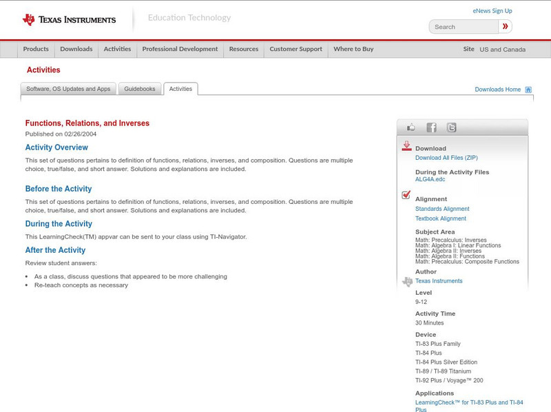 Texas Instruments: Functions, Relations, and Inverses Activity