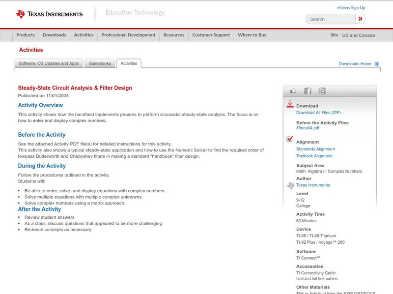 Texas Instruments: Steady State Circuit Analysis & Filter Design Activity Texas Instruments: Steady State Circuit Analysis & Filter Design Activity