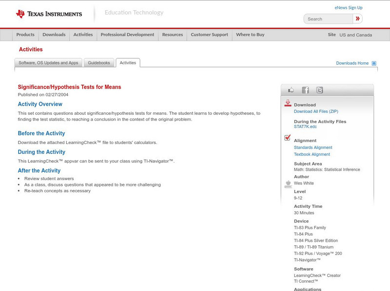 Texas Instruments: Significance/hypothesis Tests for Means Activity Texas Instruments: Significance/hypothesis Tests for Means Activity