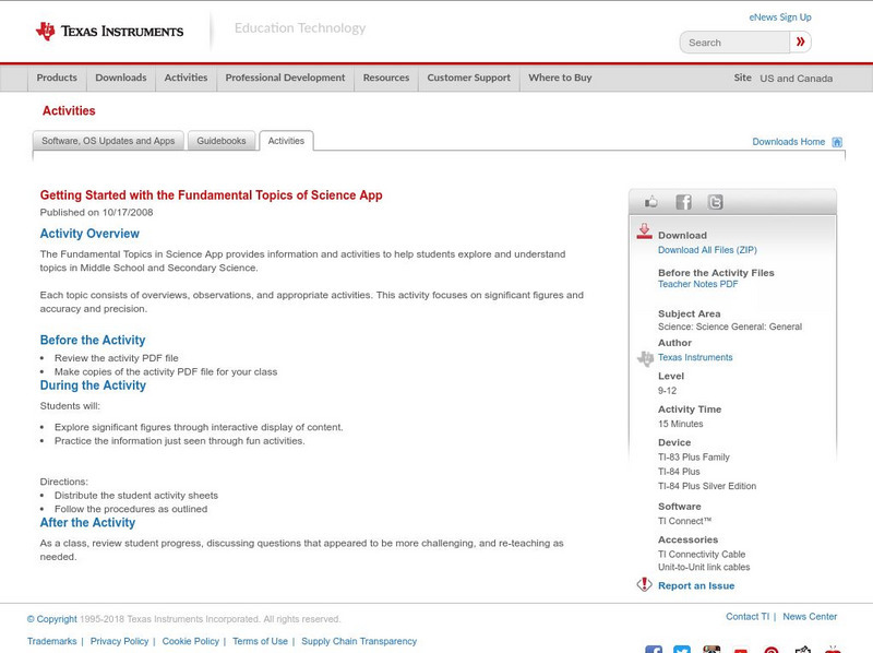 Texas Instruments: Getting Started With the Fundamental Topics of Science App Activity