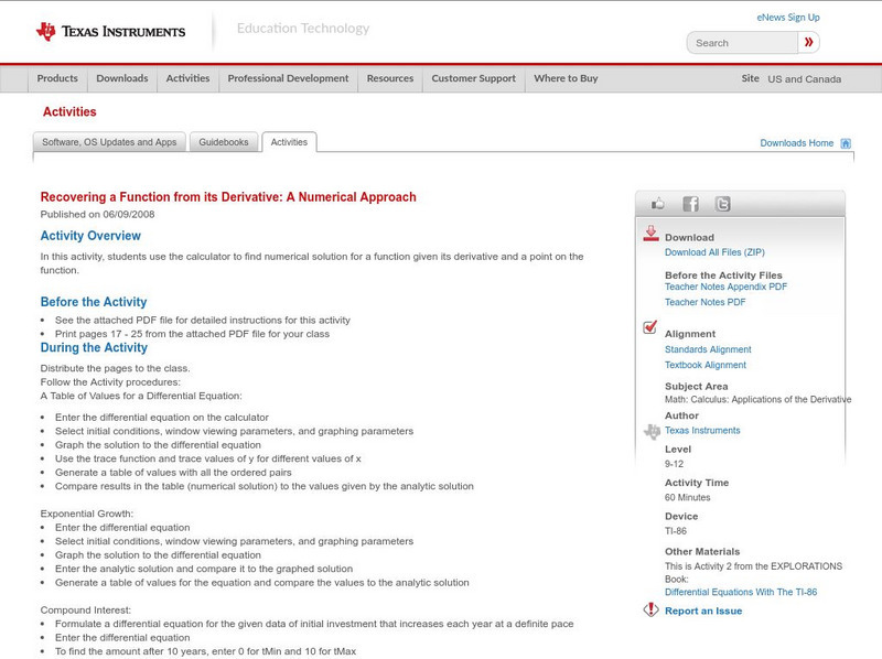 Texas Instruments: Recovering a Function From Its Derivative: Numerical Approach Activity Texas Instruments: Recovering a Function From Its Derivative: Numerical Approach Activity