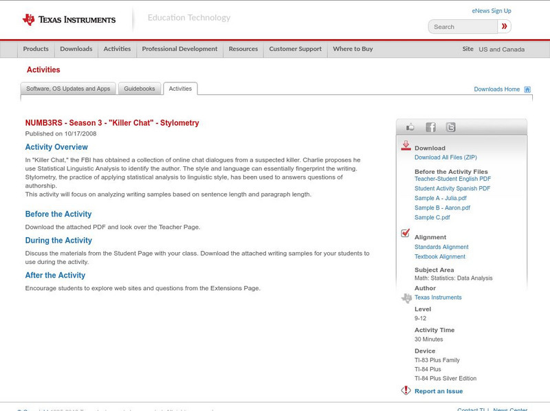 Texas Instruments: Numb3 Rs: Stylometry Activity Texas Instruments: Numb3 Rs: Stylometry Activity