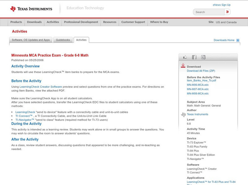 Texas Instruments: Minnesota Mca Practice Exam Grade 6 8 Math Activity