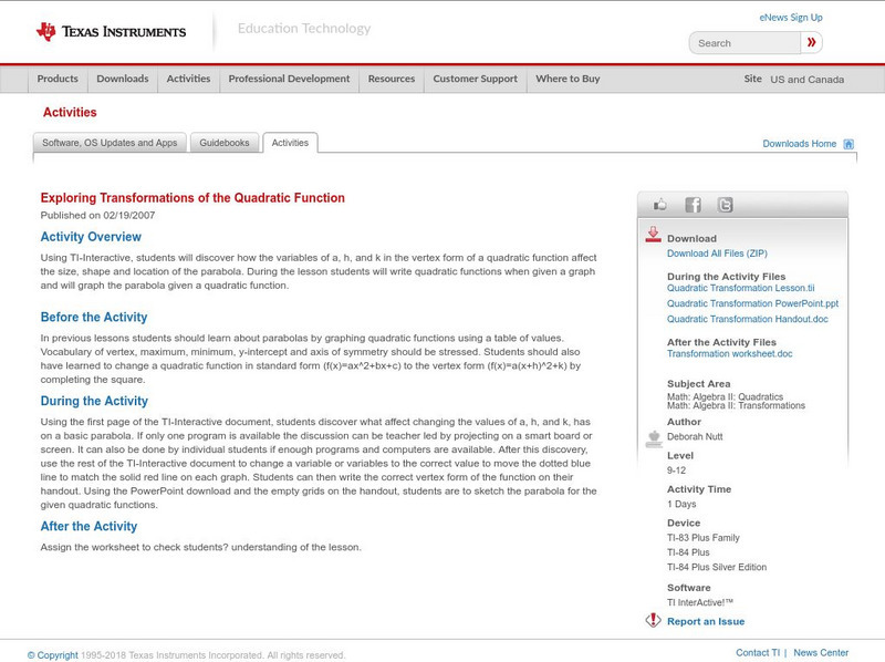 Texas Instruments: Exploring Transformations of the Quadratic Function Activity Texas Instruments: Exploring Transformations of the Quadratic Function Activity