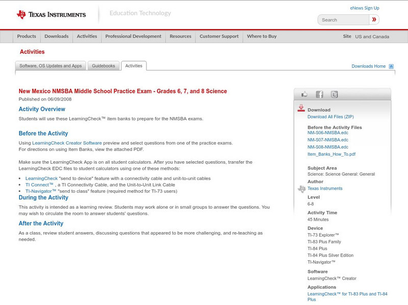 Texas Instruments: New Mexico Middle School Practice Exam : Gr. 6, 7, 8 Science Activity