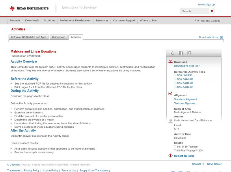 Texas Instruments: Matrices and Linear Equations Activity