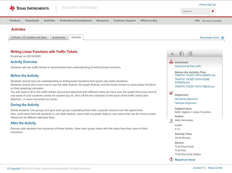 Texas Instruments: Writing Linear Functions With Traffic Tickets Activity Texas Instruments: Writing Linear Functions With Traffic Tickets Activity
