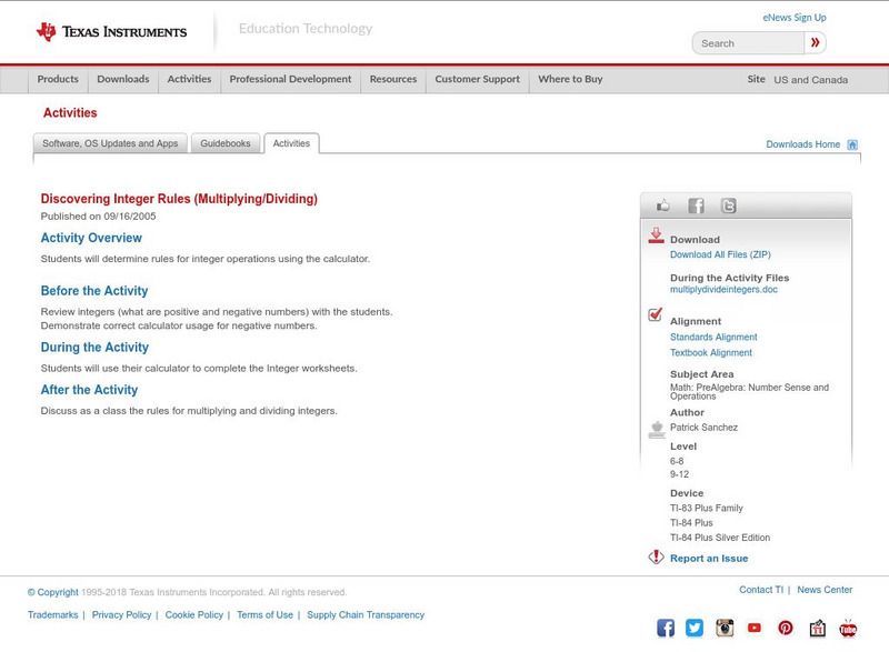 Texas Instruments: Discovering Integer Rules (Multiplying/dividing) Activity Texas Instruments: Discovering Integer Rules (Multiplying/dividing) Activity