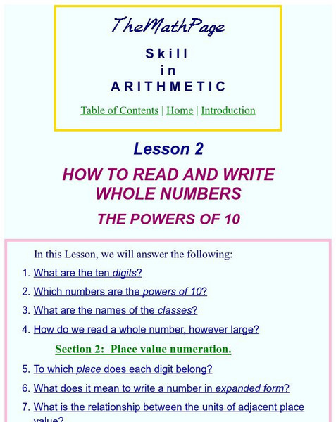 The Math Page: Skill in Arithmetic: Power of Ten Unit Plan The Math Page: Skill in Arithmetic: Power of Ten Unit Plan