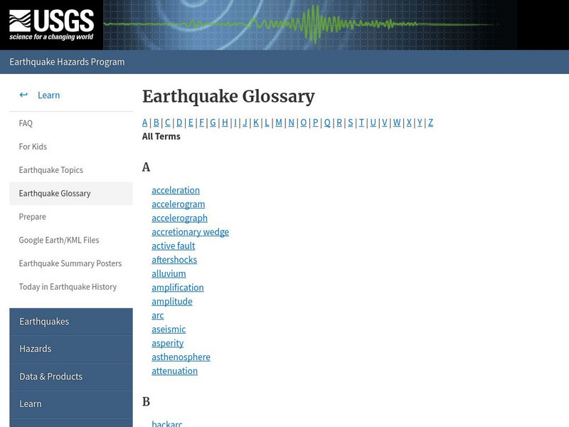U.s. Geological Survey: Earthquake Center: Glossary Handout U.s. Geological Survey: Earthquake Center: Glossary Handout