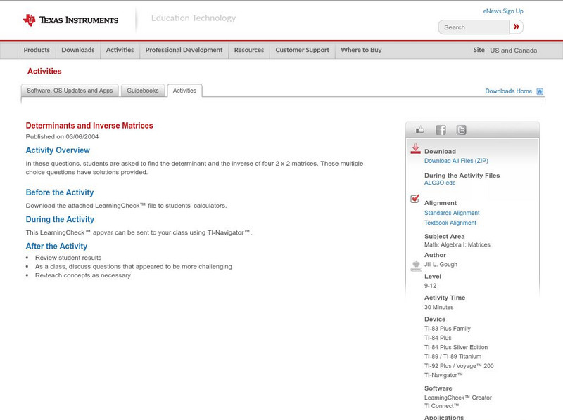 Texas Instruments: Determinants and Inverse Matrices Activity