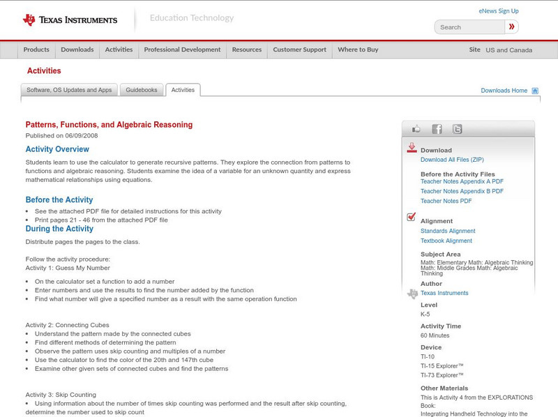 Texas Instruments: Patterns, Functions, and Algebraic Reasoning Activity Texas Instruments: Patterns, Functions, and Algebraic Reasoning Activity
