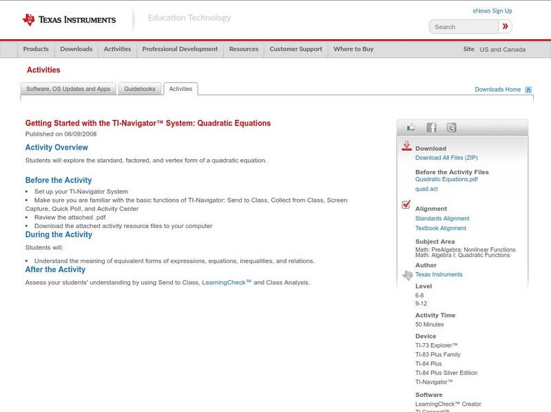 Texas Instruments: Getting Started With the Ti Navigator: Quadratic Equations Activity Texas Instruments: Getting Started With the Ti Navigator: Quadratic Equations Activity