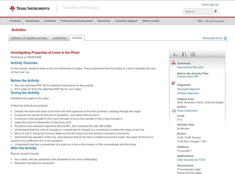 Texas Instruments: Investigating Properties of Lines in the Plane Activity