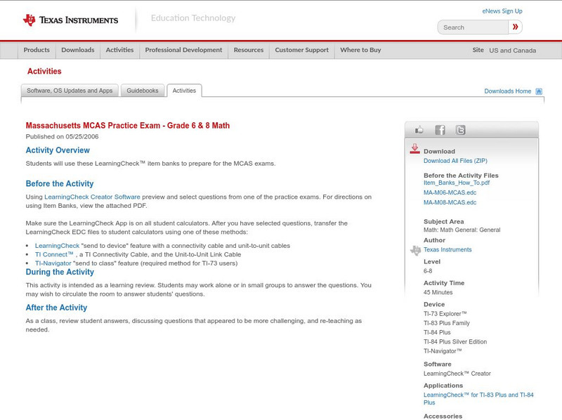 Texas Instruments: Massachusetts Mcas Practice Exam Grade 6 & 8 Math Activity