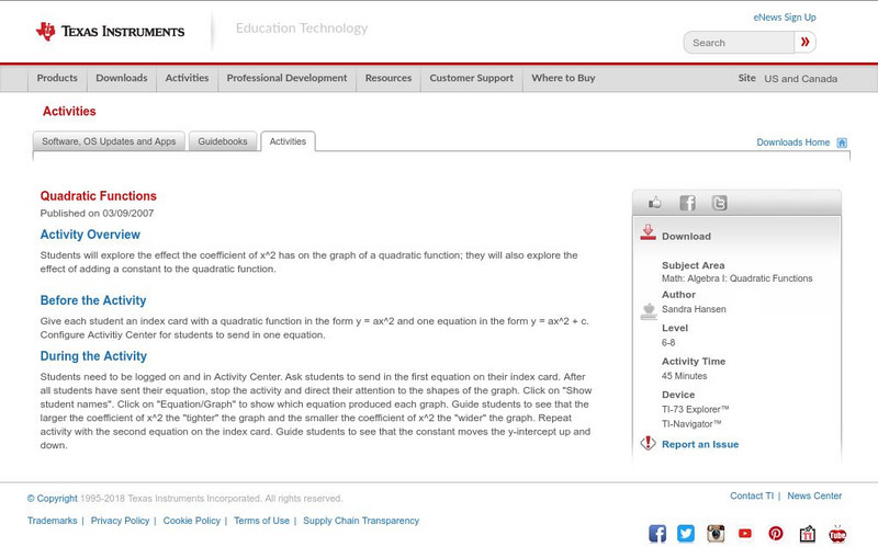 Texas Instruments: Quadratic Functions Activity Texas Instruments: Quadratic Functions Activity