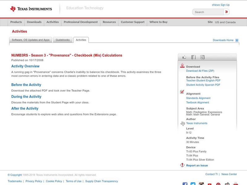 Texas Instruments: Numb3 Rs: Checkbook (Mis)calculations Activity Texas Instruments: Numb3 Rs: Checkbook (Mis)calculations Activity